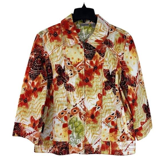 Chico's Full Zip Jacket Womens Size 2 US Medium Orange Floral Print Collared - Picture 1 of 12